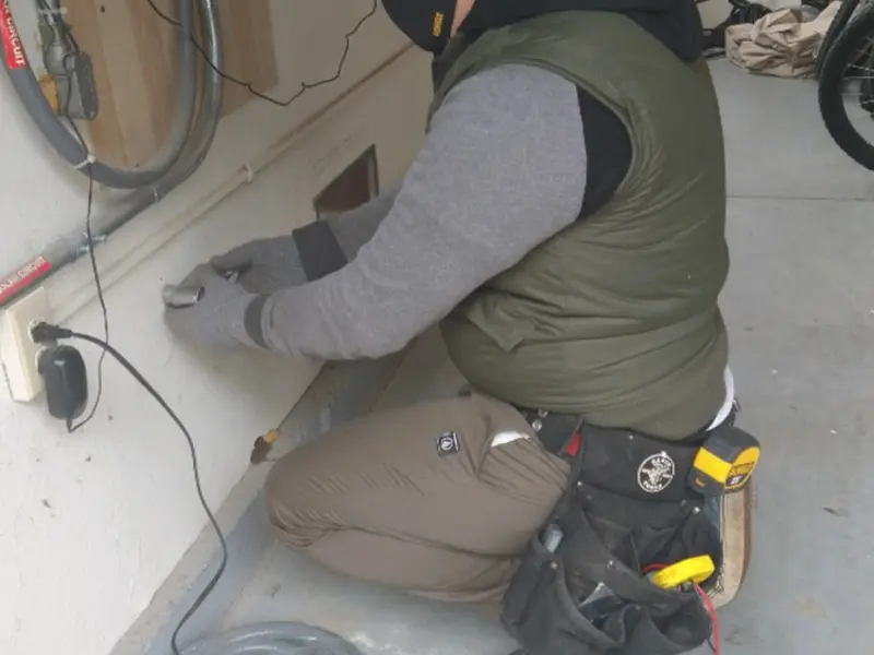 Electrician performing outlet wiring in a Sylvan garage
